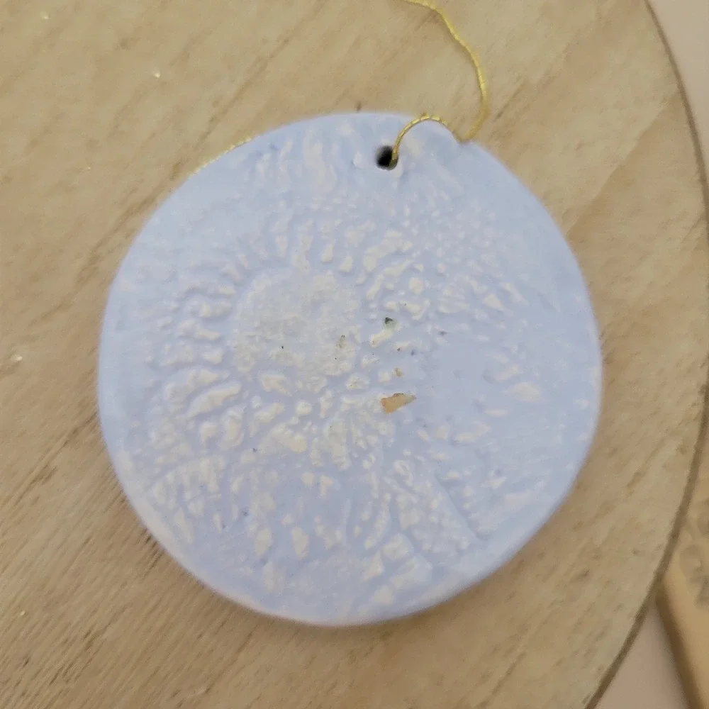 Vintage Blue Ceramic Christmas Ornaments Set Noel Bell and Snowman Disc 2pc